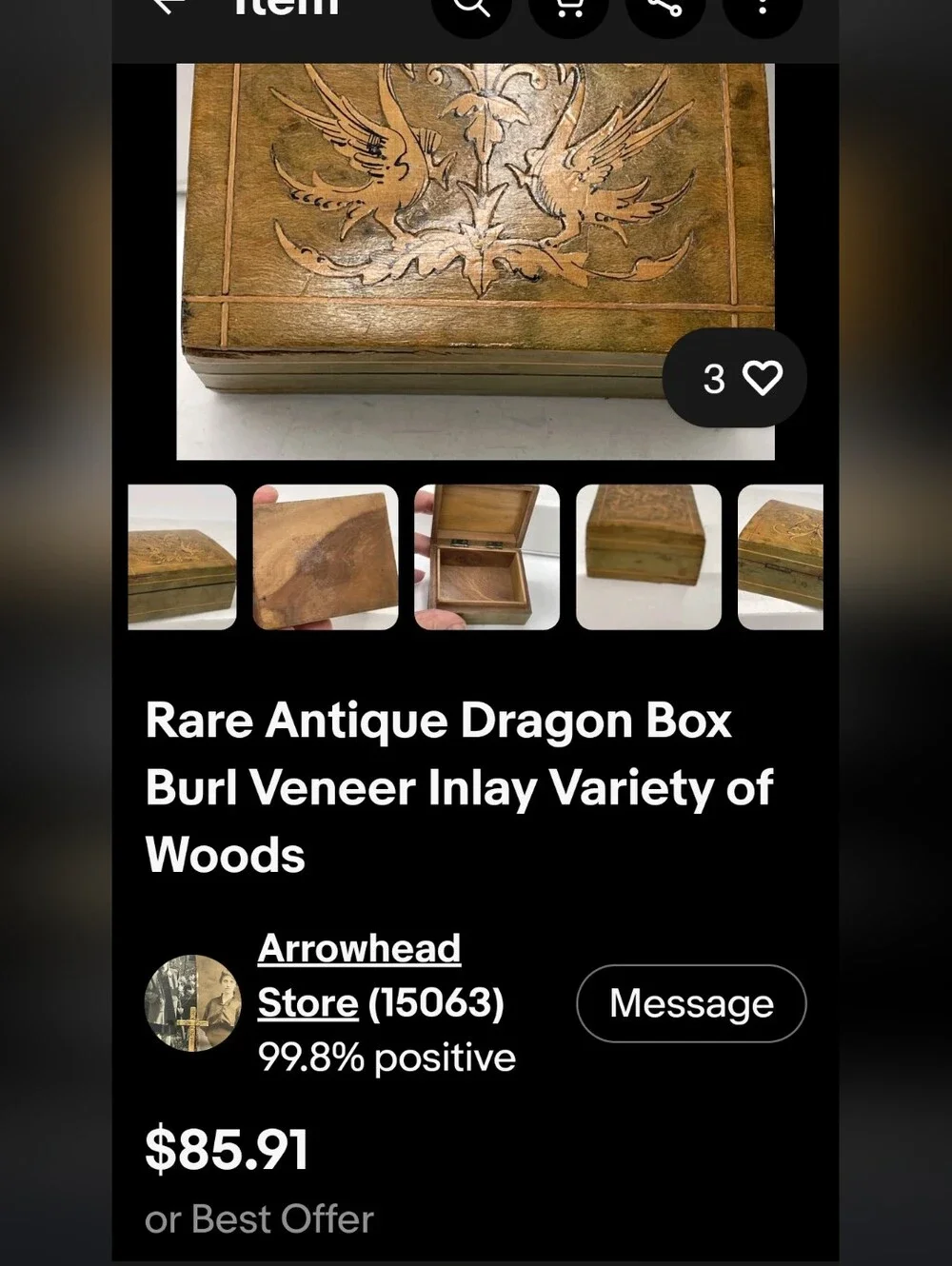 Dragon Trinket Box Burl Veneer Inlay Vintage - Picture 10 of 10